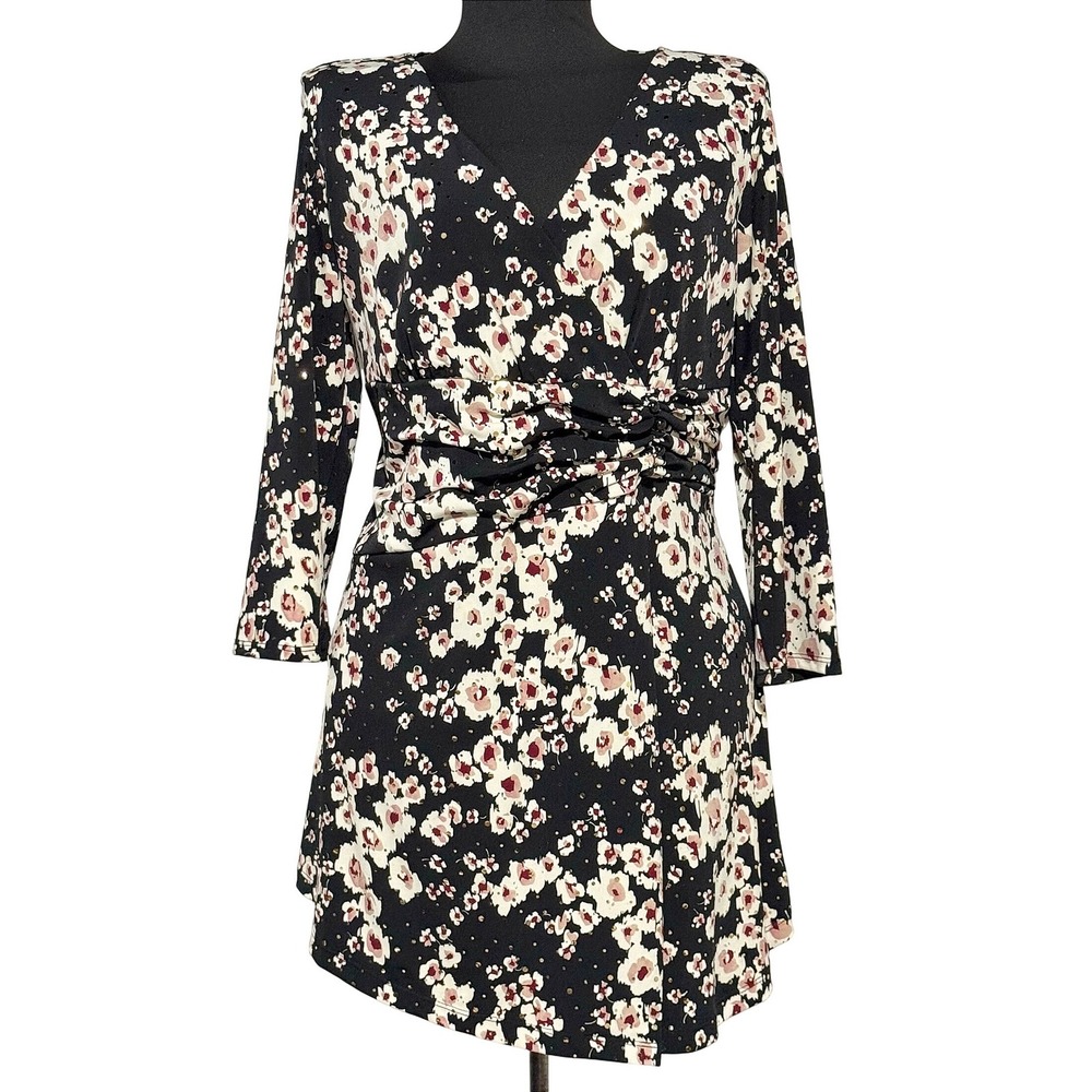 Vintage Y2K JTB Floral Print Dress 3/4 Sleeve V-Neck Mini‎ Black Size L